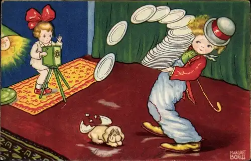 Künstler Ak Boriss, M., Mädchen beim Fotografieren, Junge mit Tellern, Verletzter Hund