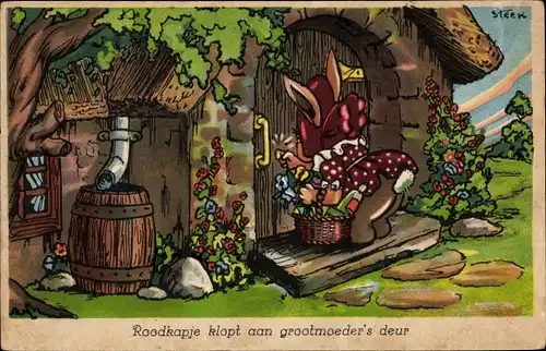 Künstler Ak Steen, Roodkapje klopt aan grootmoeder's deur, Rotkäppchen