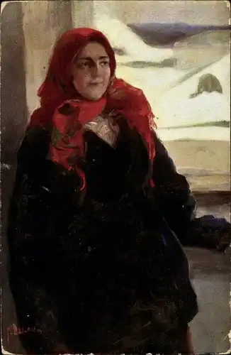 Künstler Ak Frau in Tracht, Rotes Kopftuch