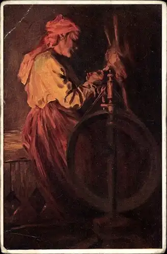 Künstler Ak Kasatkin, N., Frau beim Spinnen, Tracht