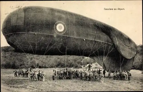 Ak Saucisse au depart, französischer Militärballon