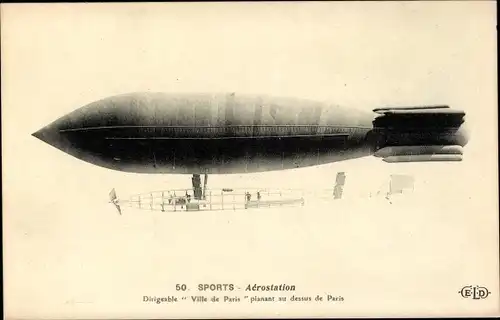 Ak Sports, Aerostation, Dirigeable Ville de Paris planant au dessus de Paris, Zeppelin, Luftschiff