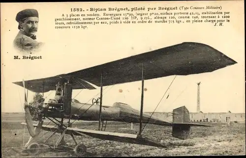 Ak Biplan Breguet, pilote par Breguet, Type Concours Militaire
