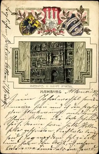 Präge Wappen Litho Hamburg Mitte Altstadt, Rathaus II. Hauptportal, drei Wappen