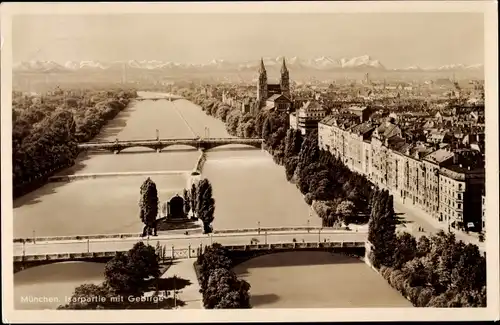 Ak München, Isarpartie mit Gebirge