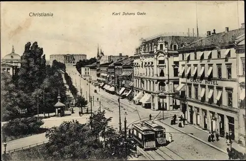 Ak Kristiania Christiania Oslo Norwegen, Karl Johans Gade, Grand Hotel, Straßenbahn