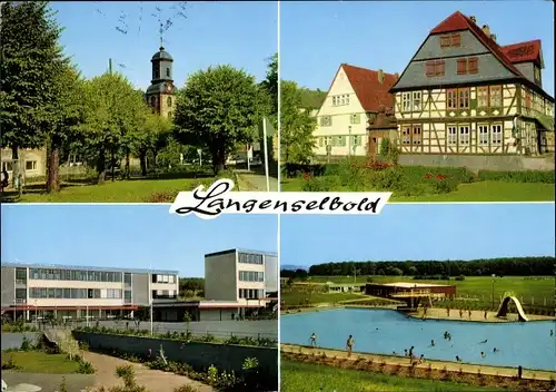 Ak Langenselbold in Hessen, Marktplatz mit goldenem Engel, Schule am Weinberg, Schwimmbad