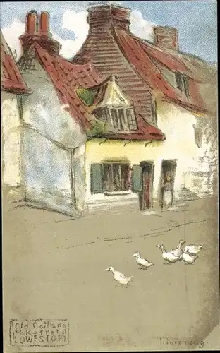 Künstler Ak Lowestoft Suffolk England, Old Cottage, Pakefield, Landhaus, Gänse