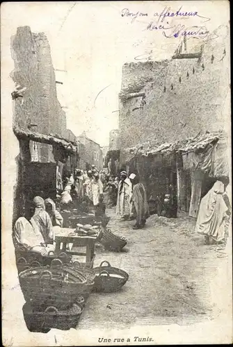 Ak Tunis Tunesien, Une Rue, Händler, Tunesier, Korbverkäufer