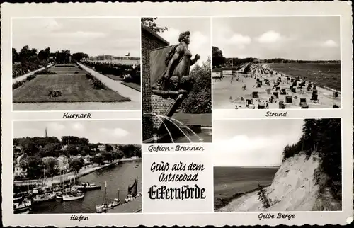 Ak Ostseebad Eckernförde, Kurpark, Strand, Hafen, Gelbe Berge, Brunnen