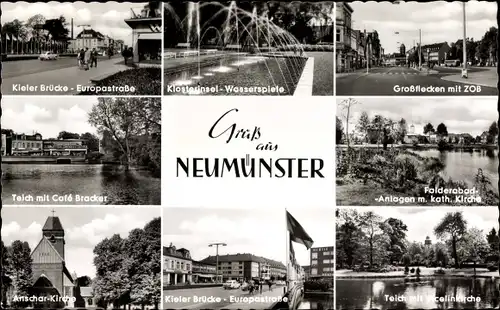 Ak Neumünster in Holstein, Anscharkirche, Teich m. Café Bracker, Großflecken mit ZOB, Brücke