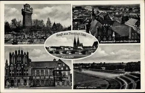 Ak Frankfurt an der Oder, Kleistturm, Oderbrücke, Marienkirche, Rathaus, Ostmark Stadion