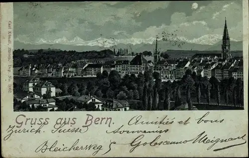 Mondschein Litho Bern Stadt, Kirche, Gesamtansicht