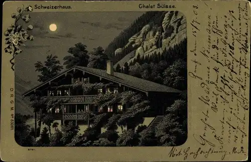 Mondschein Litho Schweizerhaus, Chalet Suisse, Berg, Nacht