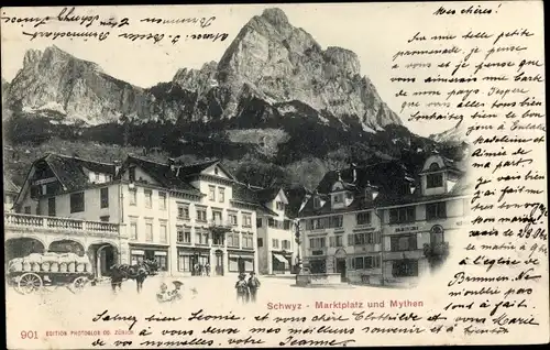 Ak Schwyz Stadt Schweiz, Marktplatz und Mythen, Denkmal