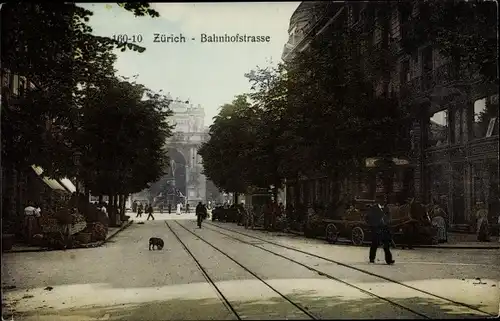 Ak Zürich Stadt Schweiz, Bahnhofstrasse, Gleise, Kutsche, Straßenansicht