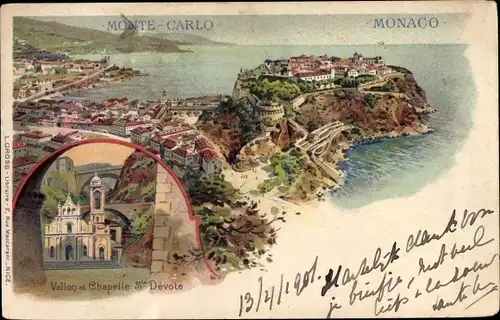 Litho Monte Carlo Monaco, Vallon et Chapelle St. Devote, Stadtansicht, Vogelblick