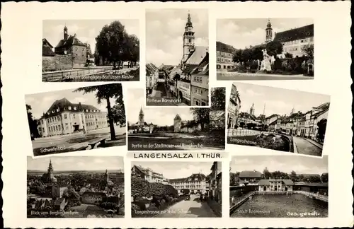 Ak Bad Langensalza in Thüringen, Kornmarkt, Stadtmauer, Bergkirche, städt. Badeanstalt, Schwefelbad