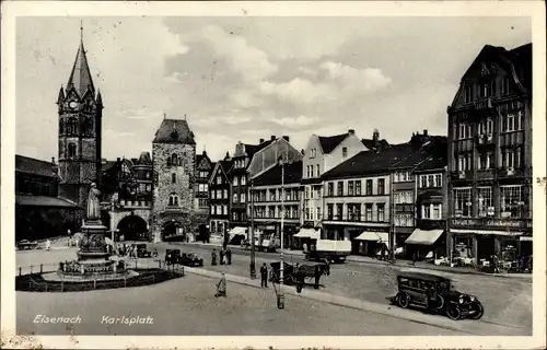 Ak Eisenach, Blick auf den Karlsplatz mit Geschäften und Brunnen