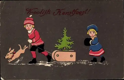 Ak Frohe Weihnachten, Vroolijk Kerstfeest, Kinder mit Tannenbaum, Schlitten, Hund