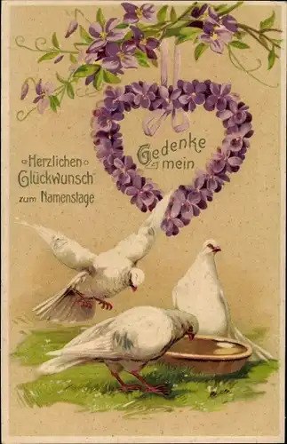 Präge Ak Glückwunsch Namenstag, Herz aus Veilchen, weiße Tauben
