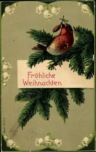 Präge Ak Frohe Weihnachten, Vogel auf Tannenzweig, Maiglöckchen