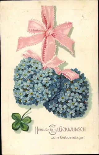 Präge Ak Glückwunsch Geburtstag, Herzen aus Veilchen, Schleife, Kleeblatt