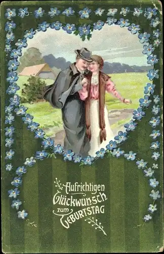Präge Ak Glückwunsch Geburtstag, Liebespaar, Herz aus Vergissmeinnicht