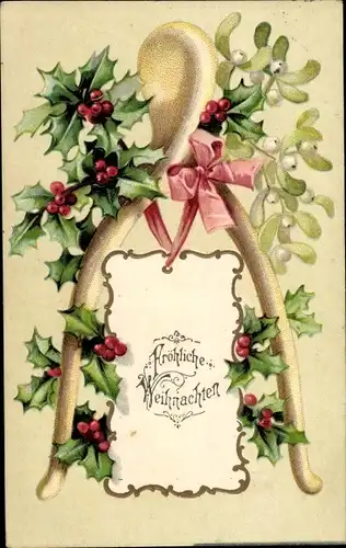 Präge Ak Frohe Weihnachten, Stechpalmenzweige, Mistelzweige, Wishbone