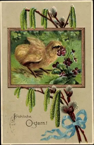 Präge Ak Glückwunsch Ostern, Küken pflückt Veilchen, Weidenkätzchen