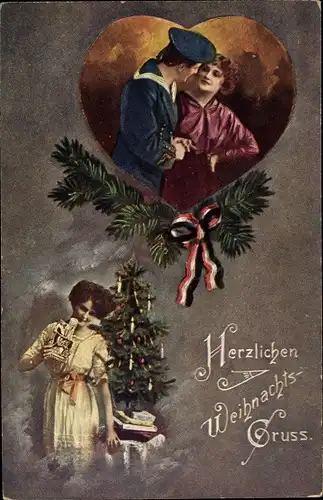 Ak Frohe Weihnachten, Deutscher Matrose mit seiner Liebsten, Tannenbaum, Herz