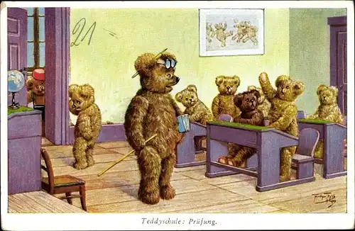 Künstler Ak Thiele, Arthur, Teddyschule, Prüfung, Teddybärenschule