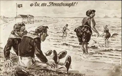 Künstler Ak Au, ein Dreadnought, Seemänner am Strand, Frau in Badeanzug