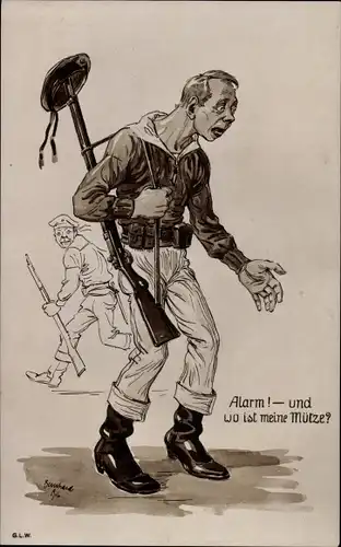Künstler Ak Alarm, und wo ist meine Mütze, Matrose, Soldatenhumor