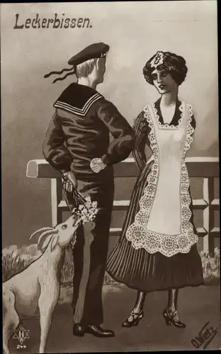 Künstler Ak Wietz, O., Leckerbissen, deutscher Seemann mit Frau, Ziege frisst Blumenstrauß