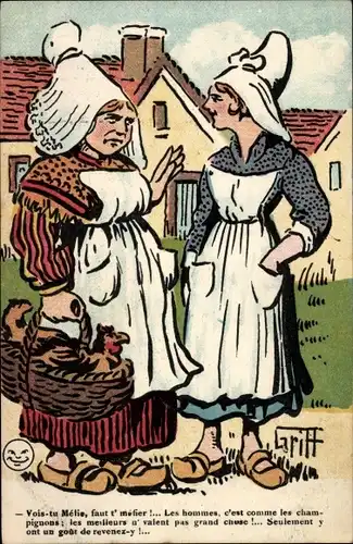 Künstler Ak Griff, Vois tu Mélie, zwei Frauen unterhalten sich, Huhn im Korb, Französische Tracht