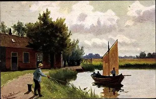 Künstler Ak Gerstenhauer, Johann Georg, Angler am Flussufer, Segelboot