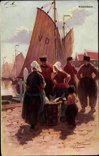 Künstler Ak Gerstenhauer, Johann Georg, Edam Volendam, The fish market, Fischmarkt, Niederländer