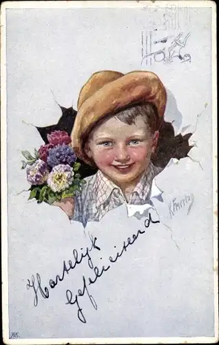 Künstler Ak Feiertag, K., Junge mit Blumenstrauß, Portrait