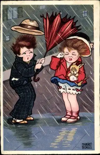 Künstler Ak Boriss, M., Stürmisches Wetter, Hund, Beschädigter Regenschirm, Amag 0333