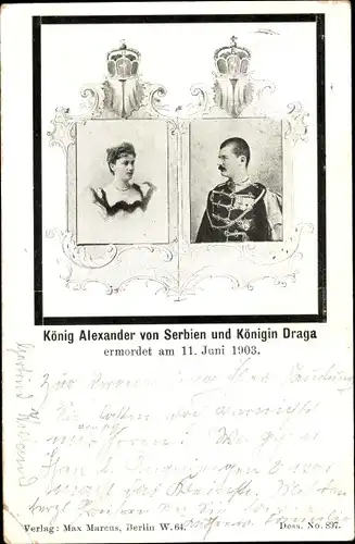 Ak König Alexander von Serbien, Königin Draga, Portrait, ermordet 11.06.1903