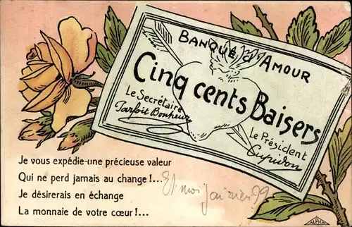 Ak Banque d'Amour, Cinq cents Baisers, Schein, Blume, Je vous expedie une precieuse valeur...