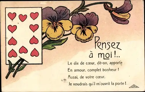 Ak Spielkarte, Veilchen, Pensez a moi..., Le dix de coeur, dit on, apporte...