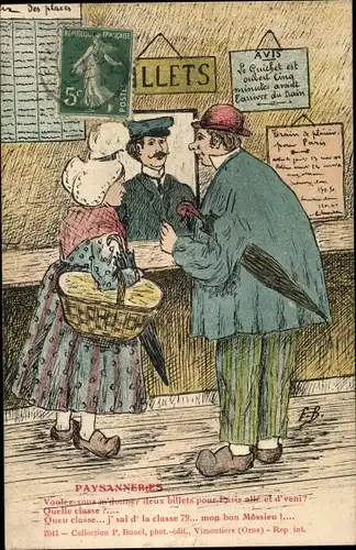 Künstler Ak Bauern am Schalter, Fahrkarten, Tracht, Korb, Regenschirm