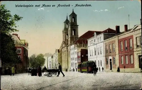 Ak Amsterdam Nordholland Niederlande, Waterlooplein met Mozes en Aronkerk, Straßenbahn