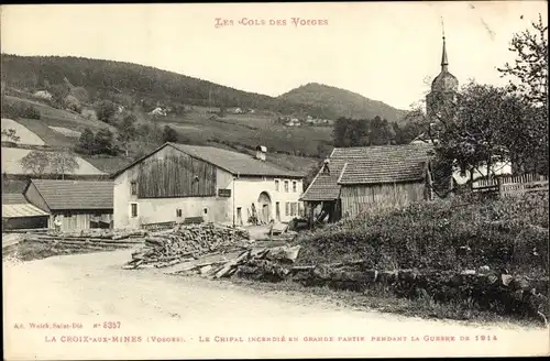 Ak La Croix aux Mines Vosges, le chipal incendie 1914, Kirche, Ortsansicht