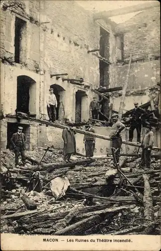 Ak Mâcon Saône-et-Loire, Les Ruines du Théâtre incendié