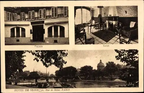 Ak Paris VI, Hotel de Seine, Facade, Salon, Innenansicht, Rue de Seine, Fluss, Brücke