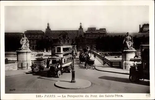 Ak Paris VI, La Perspective du Pont des Saint-Peres, Brücke, Kutschen, Bus, Statuen