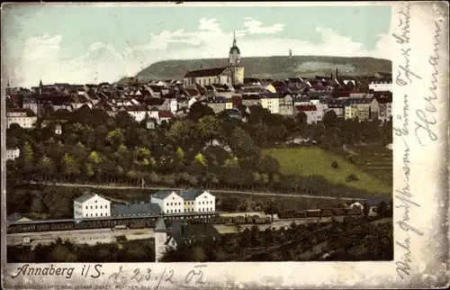 Ak Annaberg Buchholz im Erzgebirge, Panorama mit Kirche und Bahngleisen